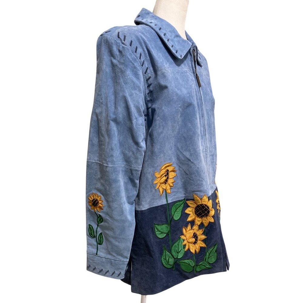 Quacker Factory Blue Suede Jacket Embroidered Sunflowers Vtg Full-Zip Size L - Picture 2 of 9